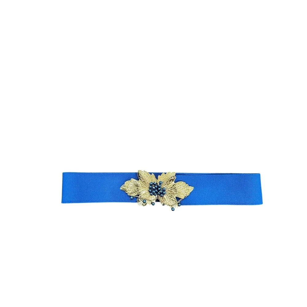 Vintage Royal Blue Elastic Cinch Belt Gold Leaf Faux Pearl Buckle 26-35 Inch